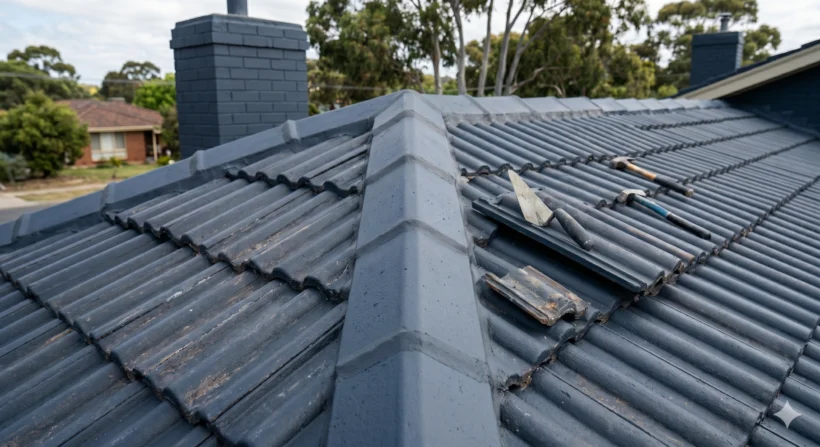 Close-up of ridge cap re-pointing with trowel