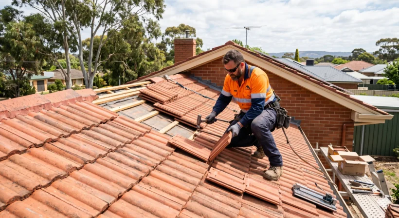 Tradesperson laying terracotta roof tiles