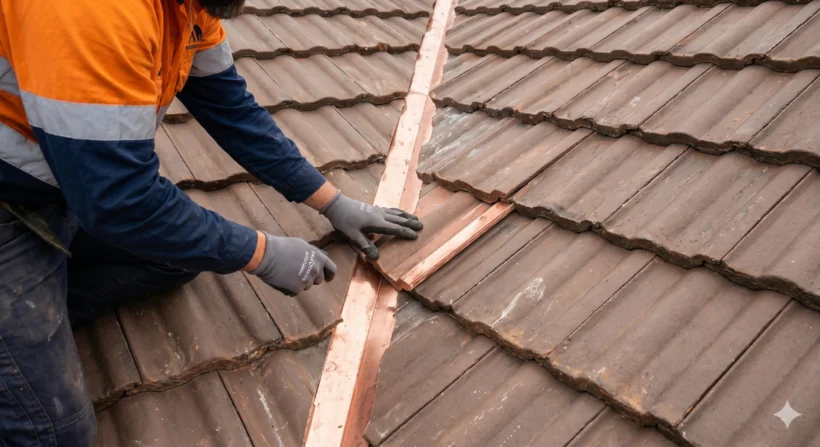 Tradesperson fitting valley flashing